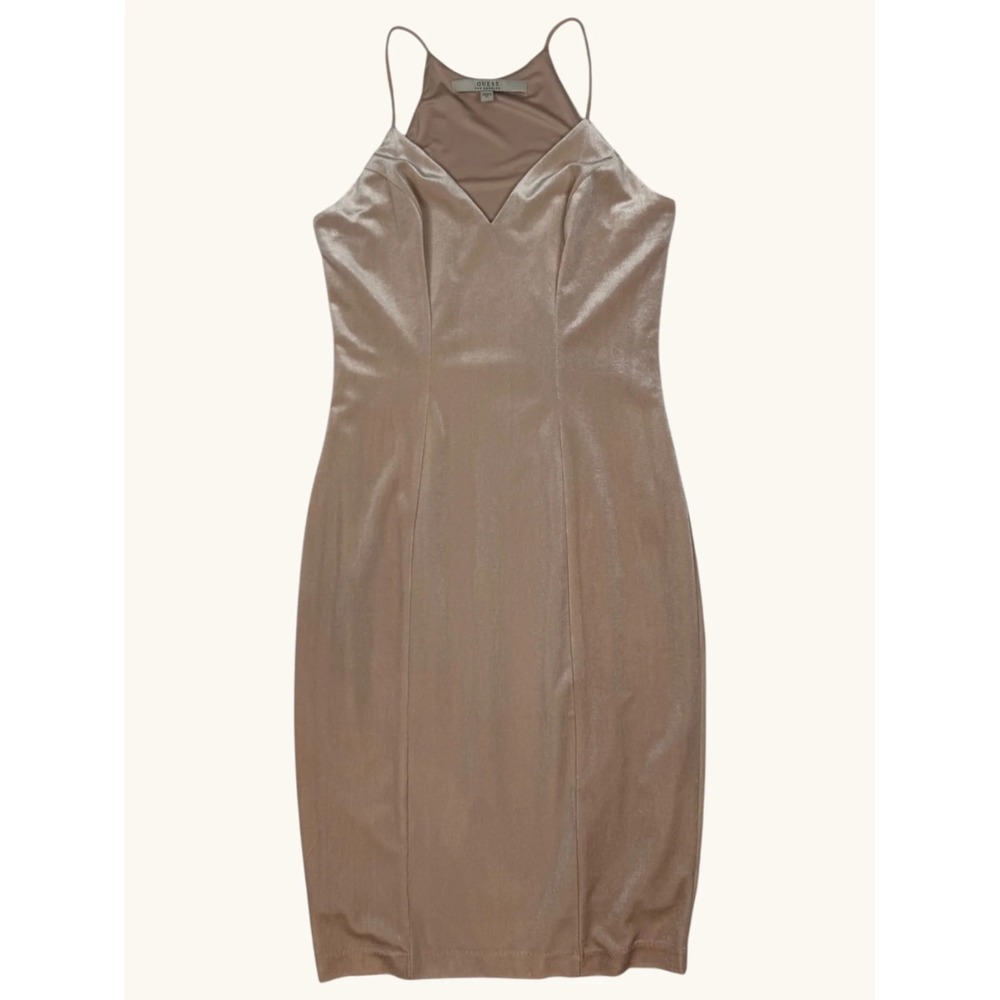 Guess Los Angeles Womens Velvet Bodycon Dress Champagne Taupe V-Neck Midi XS